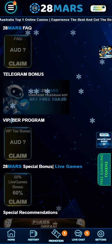 28mars Casino promotions area on a mobile device
