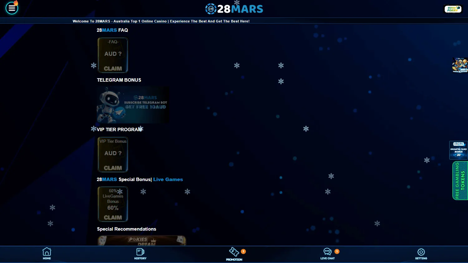 28mars Casino promotions area on desktop