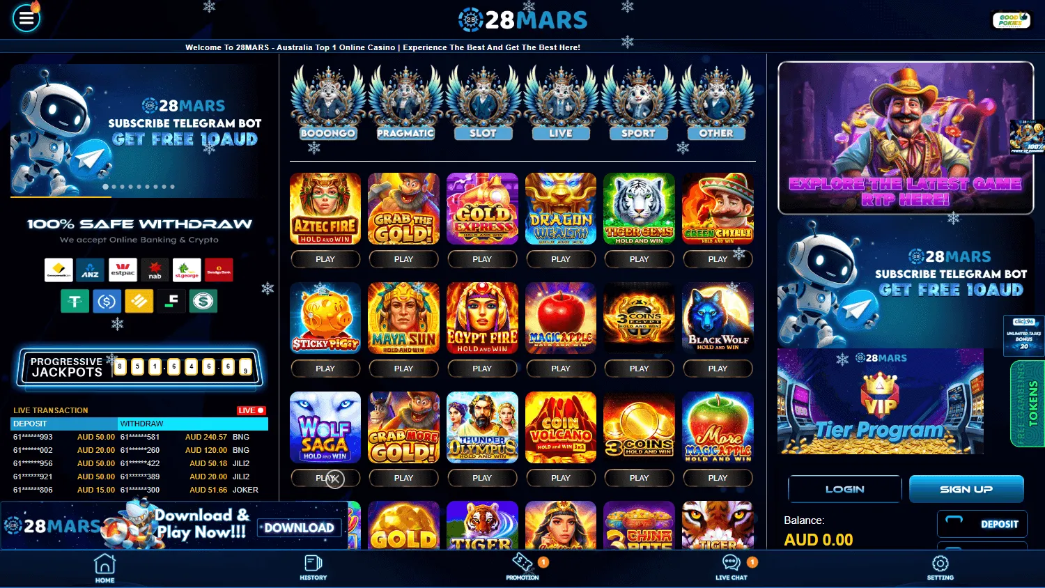 28mars Casino home lobby on desktop